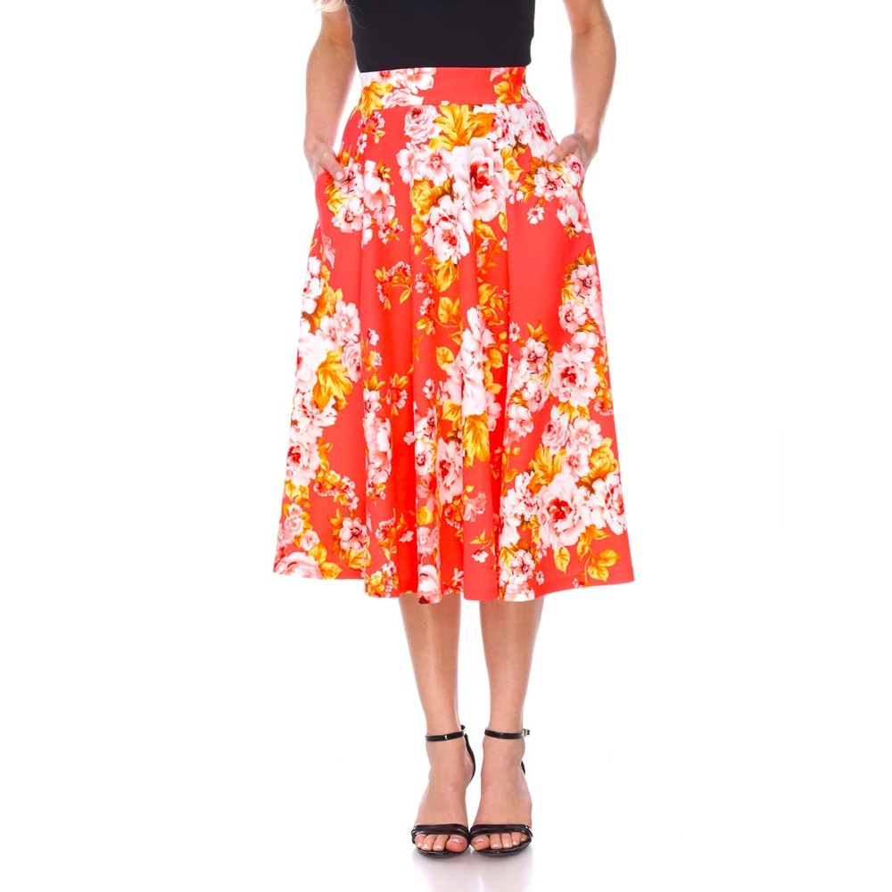 Beautiful Women's Floral Printed Midi Skirt, Orange, Large, Brand: White Mark